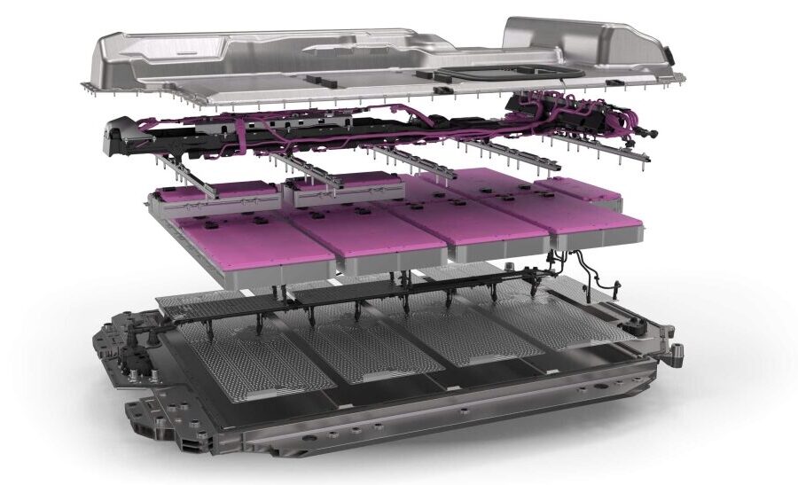Technische Explosionsdarstellung eines Hochvolt-Batteriepacks. Sichtbar sind mehrere Batteriemodule, Strukturbauteile, Leitungsführungen sowie oberes und unteres Batteriegehäuse. Die Darstellung verdeutlicht die konstruktive Auslegung von Batteriesystemen hinsichtlich Integration, Sicherheit, Kühlung und Struktur.