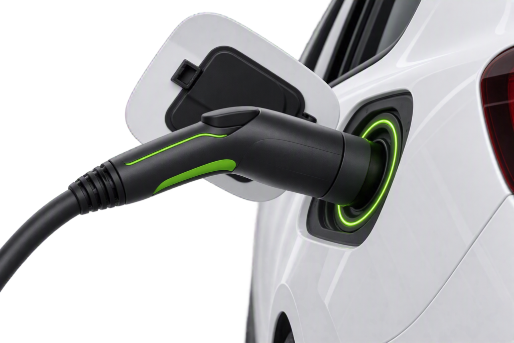 Nahaufnahme eines Elektrofahrzeugs während des Ladevorgangs. Ein Ladestecker ist mit dem Ladeanschluss des Fahrzeugs verbunden. Die Abbildung steht für die Entwicklung, Integration und Absicherung von Hochvoltbatteriesystemen für elektrische Antriebe.