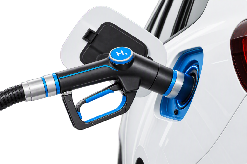 Nahaufnahme eines Fahrzeugs während eines Wasserstoff-Tankvorgangs. Die Zapfpistole ist mit einem H₂-Symbol gekennzeichnet und an den Fahrzeuganschluss gekoppelt. Die Abbildung steht für die Entwicklung und Integration von Wasserstoffspeicher-, Leitungs- und Versorgungssystemen im Fahrzeug.